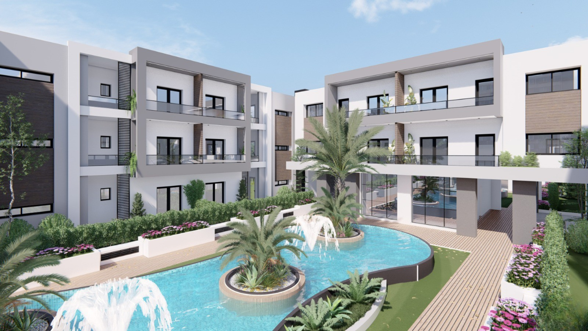 The Life Residence - Vue 3D du complexe résidentiel avec piscine centrale et aménagement paysager luxueux